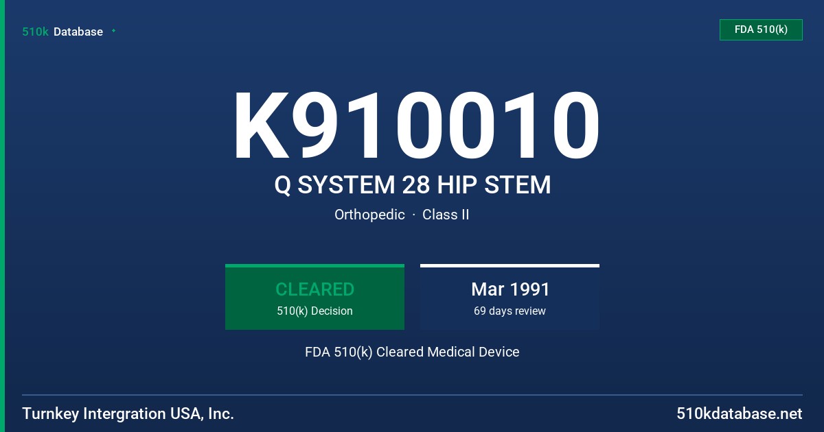 K910010 Q SYSTEM 28 HIP STEM FDA 510(k) Cleared Medical Device