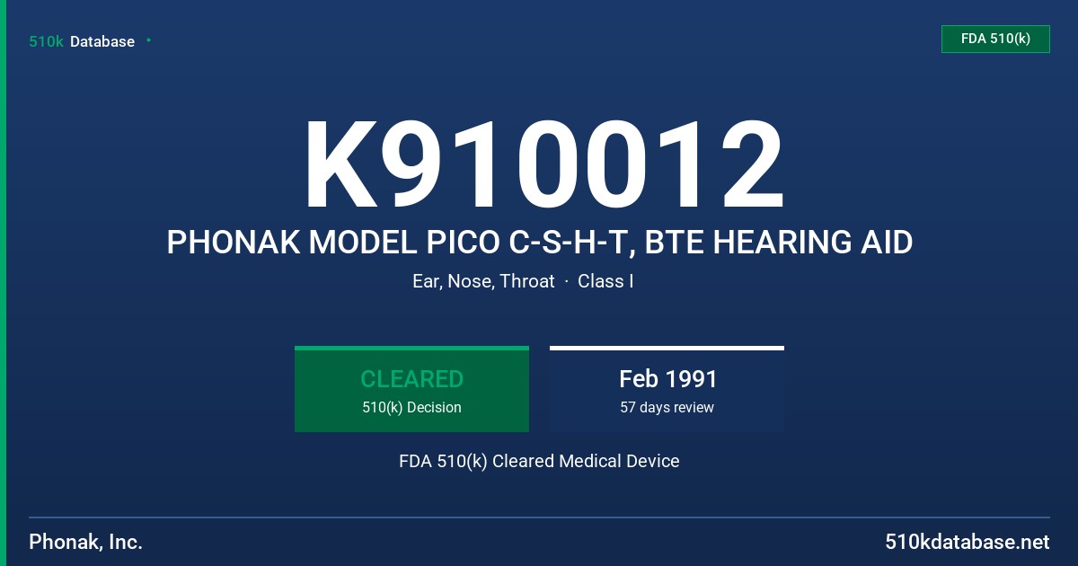 K910012 PHONAK MODEL PICO C-S-H-T, BTE HEARING AID FDA 510(k) Cleared Medical Device