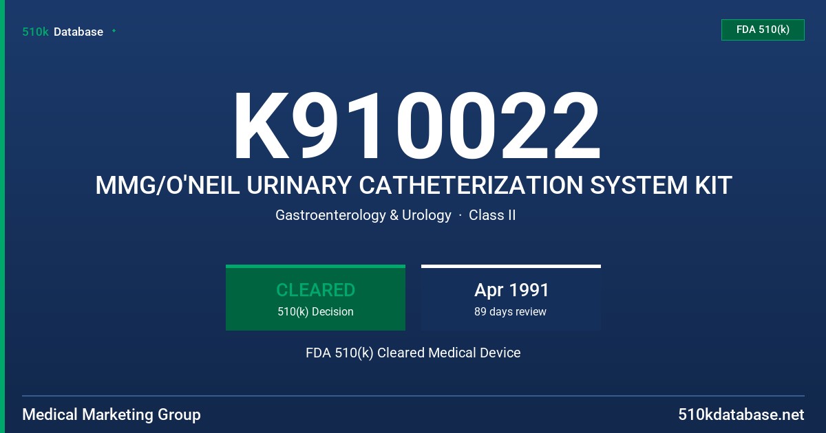 K910022 MMG/O'NEIL URINARY CATHETERIZATION SYSTEM KIT FDA 510(k) Cleared Medical Device