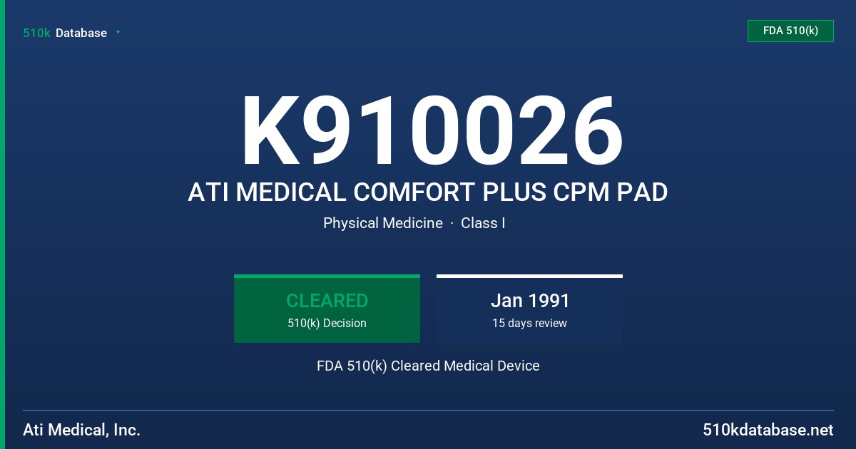 K910026 ATI MEDICAL COMFORT PLUS CPM PAD FDA 510(k) Cleared Medical Device
