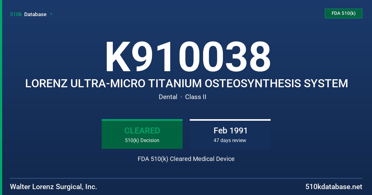 K910038 LORENZ ULTRA-MICRO TITANIUM OSTEOSYNTHESIS SYSTEM FDA 510(k) Cleared Medical Device