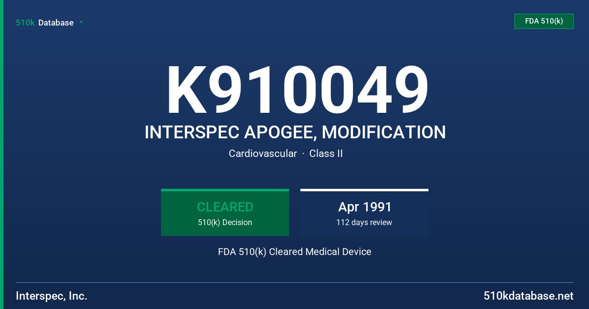 K910049 INTERSPEC APOGEE, MODIFICATION FDA 510(k) Cleared Medical Device