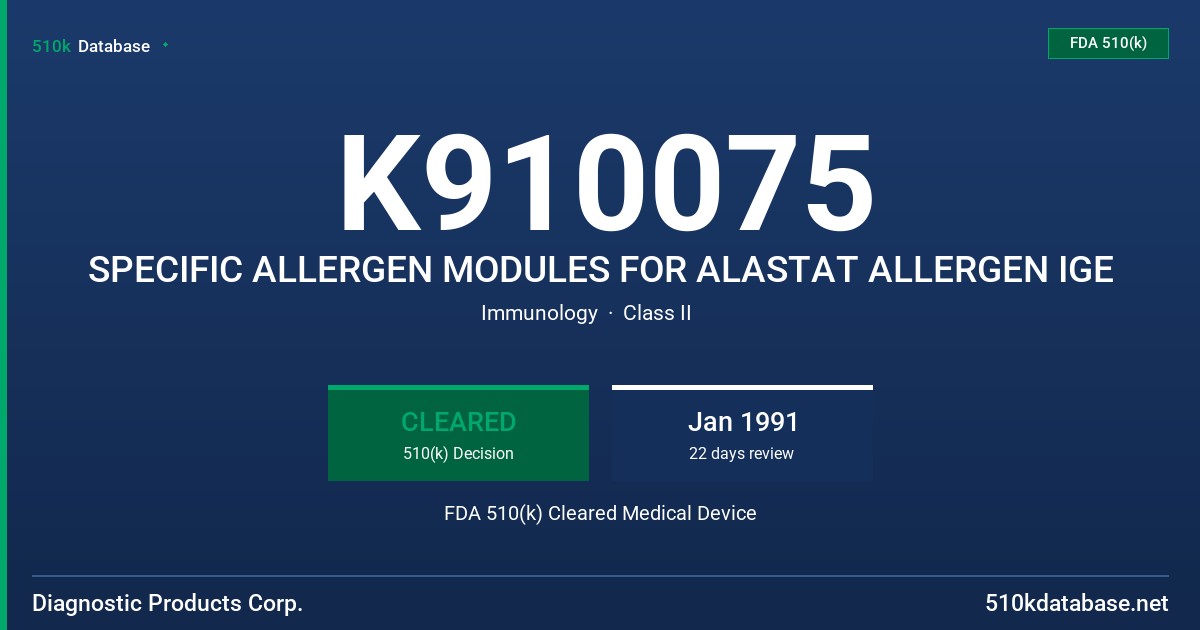 K910075 SPECIFIC ALLERGEN MODULES FOR ALASTAT ALLERGEN IGE FDA 510(k) Cleared Medical Device