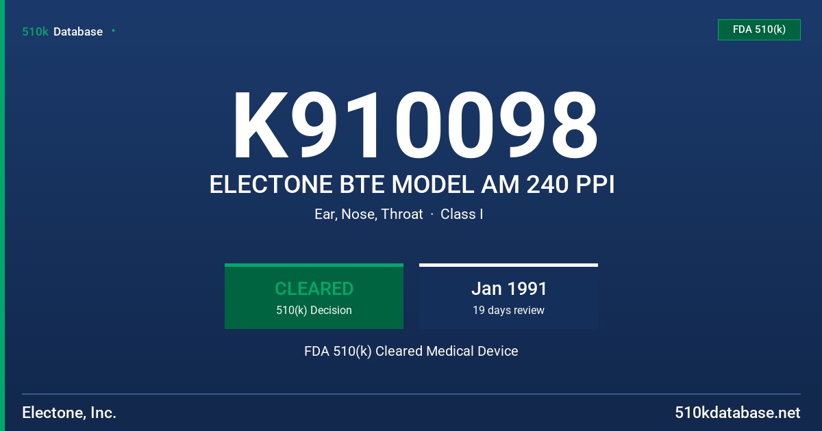 K910098 ELECTONE BTE MODEL AM 240 PPI FDA 510(k) Cleared Medical Device