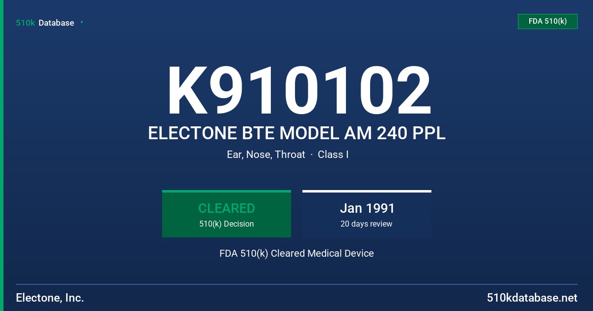 K910102 ELECTONE BTE MODEL AM 240 PPL FDA 510(k) Cleared Medical Device