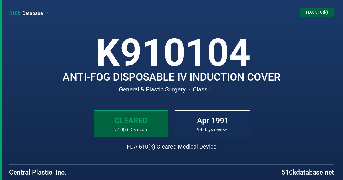 K910104 ANTI-FOG DISPOSABLE IV INDUCTION COVER FDA 510(k) Cleared Medical Device