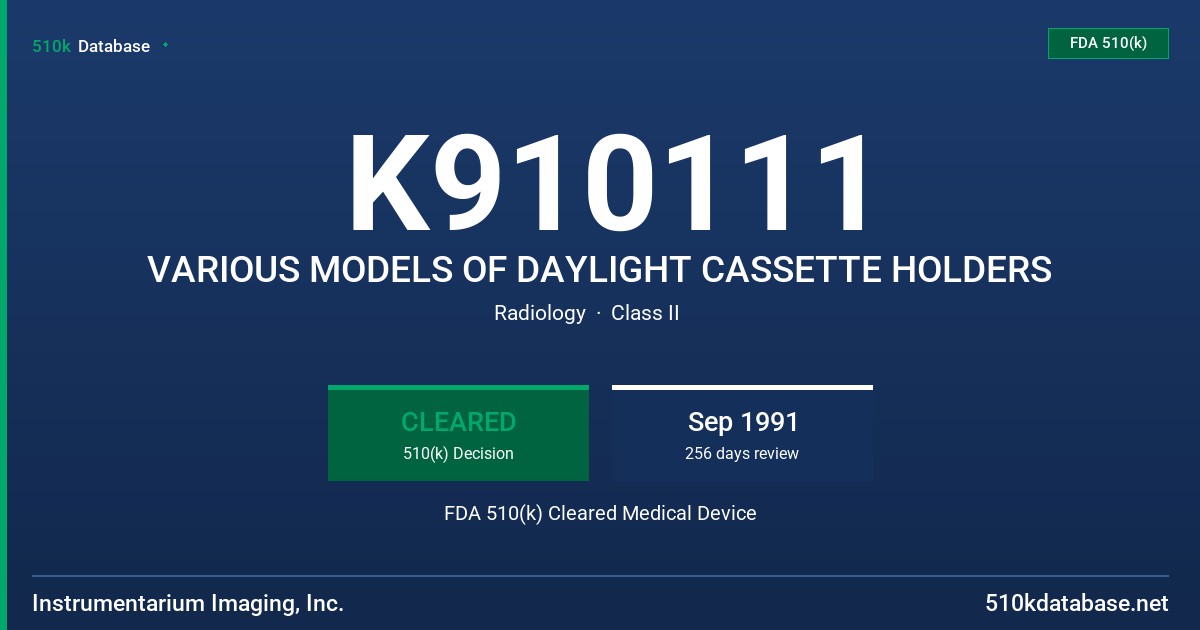 K910111 VARIOUS MODELS OF DAYLIGHT CASSETTE HOLDERS FDA 510(k) Cleared Medical Device
