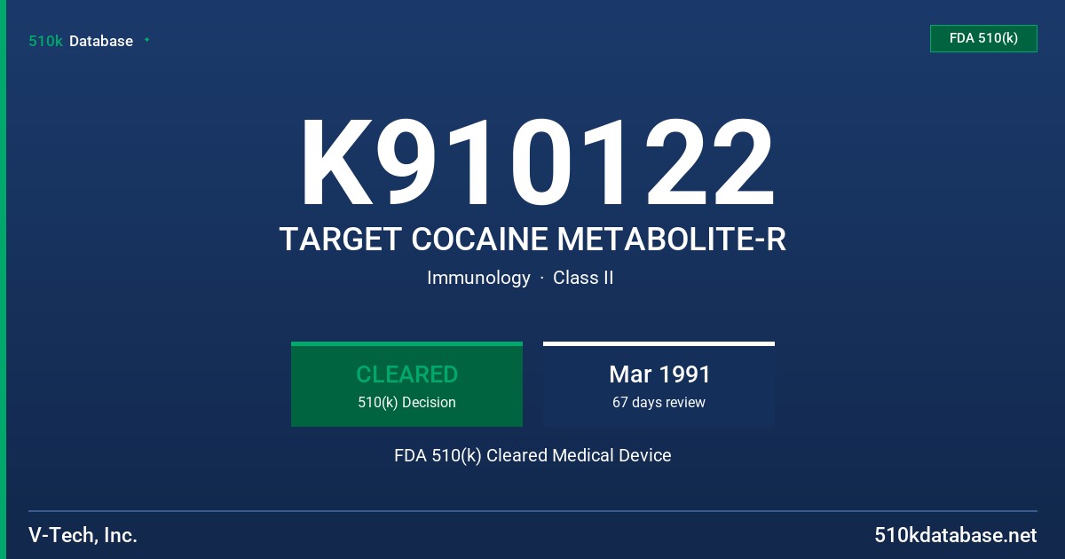 K910122 TARGET COCAINE METABOLITE-R FDA 510(k) Cleared Medical Device