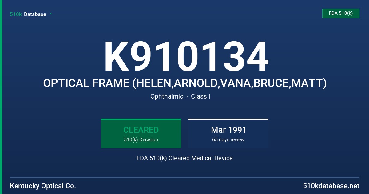 K910134 OPTICAL FRAME (HELEN,ARNOLD,VANA,BRUCE,MATT) FDA 510(k) Cleared Medical Device