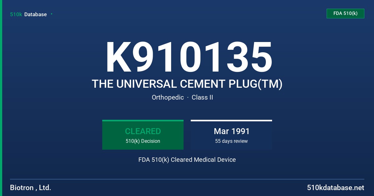 K910135 THE UNIVERSAL CEMENT PLUG(TM) FDA 510(k) Cleared Medical Device