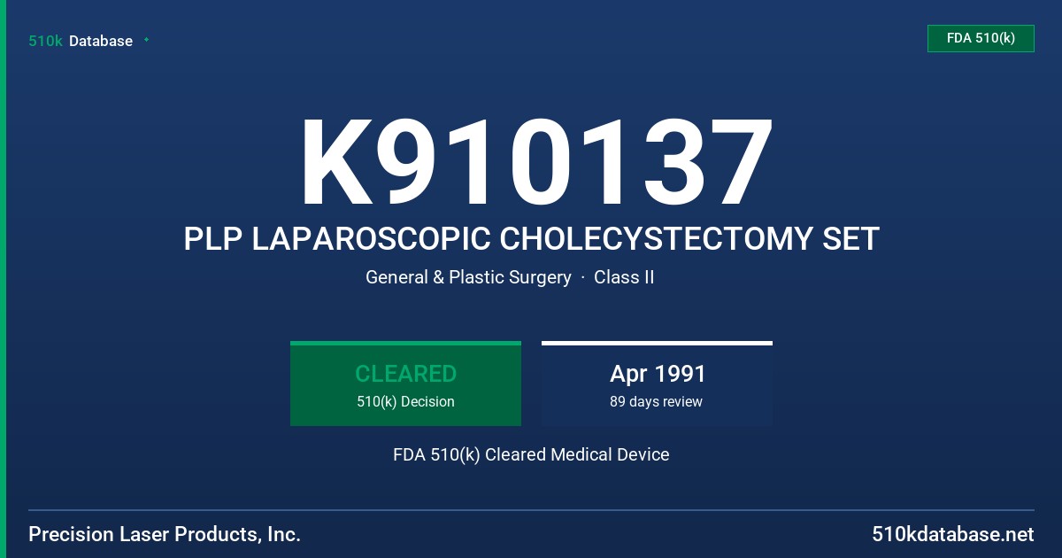 K910137 PLP LAPAROSCOPIC CHOLECYSTECTOMY SET FDA 510(k) Cleared Medical Device