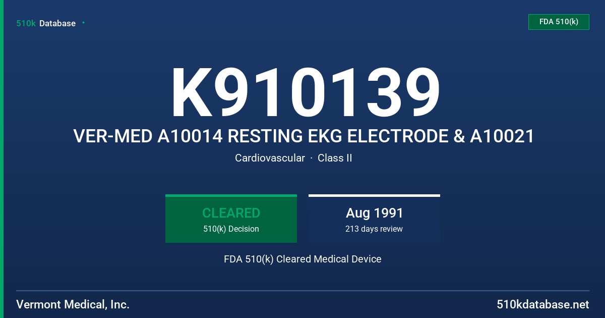 K910139 VER-MED A10014 RESTING EKG ELECTRODE & A10021 FDA 510(k) Cleared Medical Device