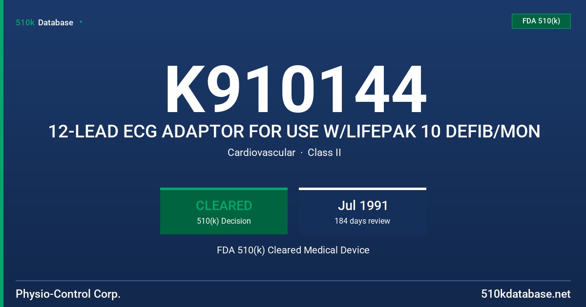 K910144 12-LEAD ECG ADAPTOR FOR USE W/LIFEPAK 10 DEFIB/MON FDA 510(k) Cleared Medical Device