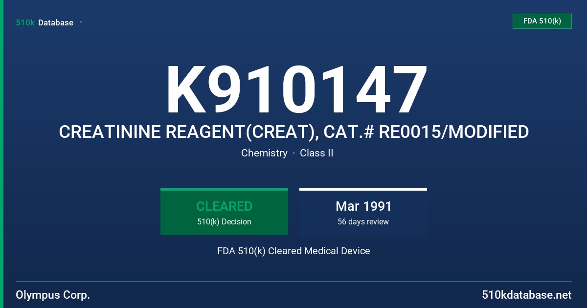 K910147 CREATININE REAGENT(CREAT), CAT.# RE0015/MODIFIED FDA 510(k) Cleared Medical Device