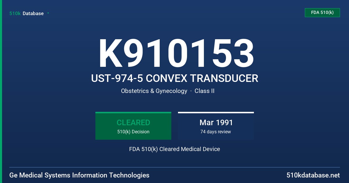 K910153 UST-974-5 CONVEX TRANSDUCER FDA 510(k) Cleared Medical Device
