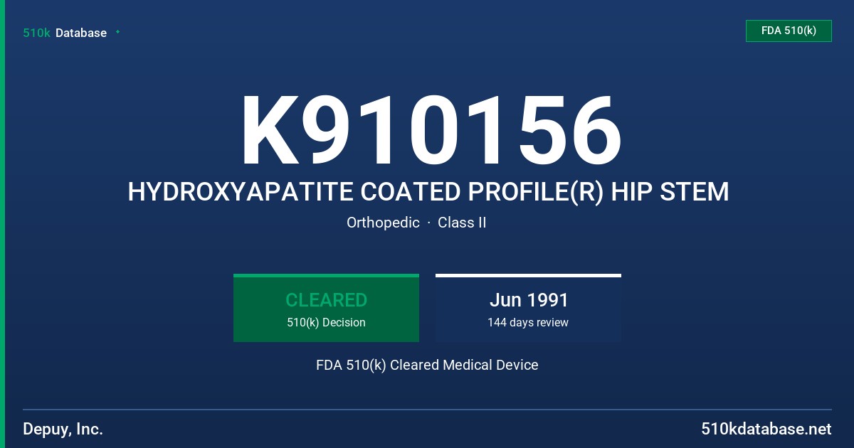 K910156 HYDROXYAPATITE COATED PROFILE(R) HIP STEM FDA 510(k) Cleared Medical Device