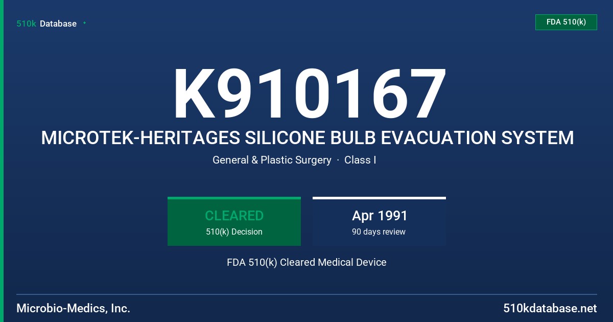 K910167 MICROTEK-HERITAGES SILICONE BULB EVACUATION SYSTEM FDA 510(k) Cleared Medical Device