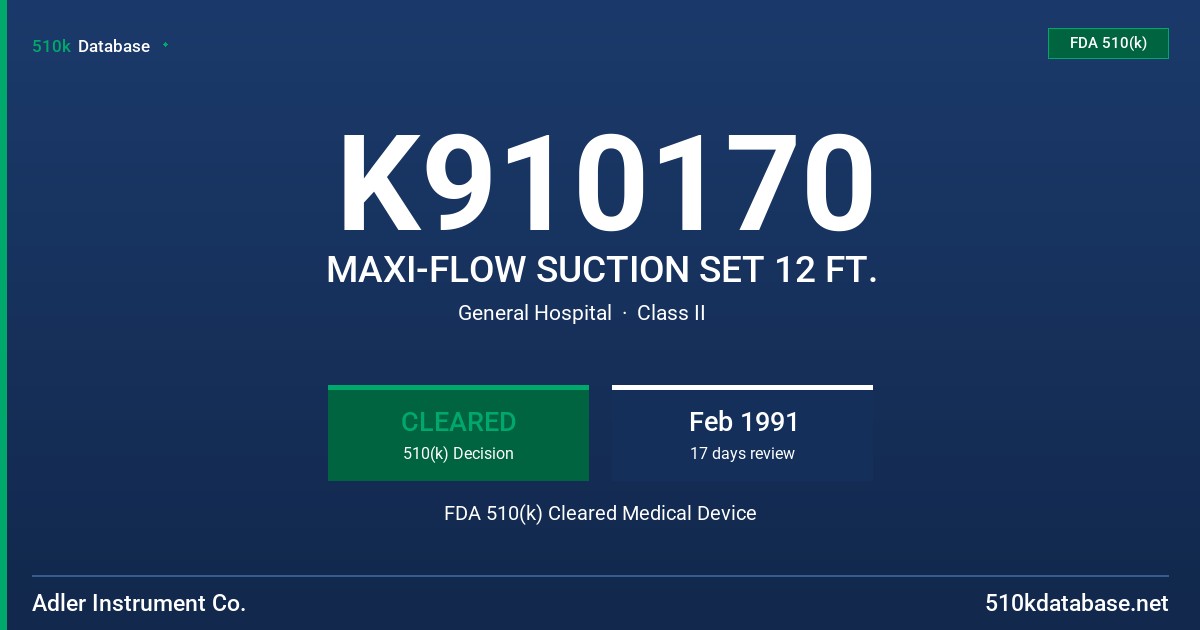 K910170 MAXI-FLOW SUCTION SET 12 FT. FDA 510(k) Cleared Medical Device
