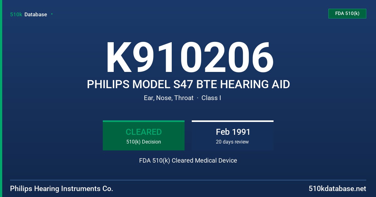 K910206 PHILIPS MODEL S47 BTE HEARING AID FDA 510(k) Cleared Medical Device