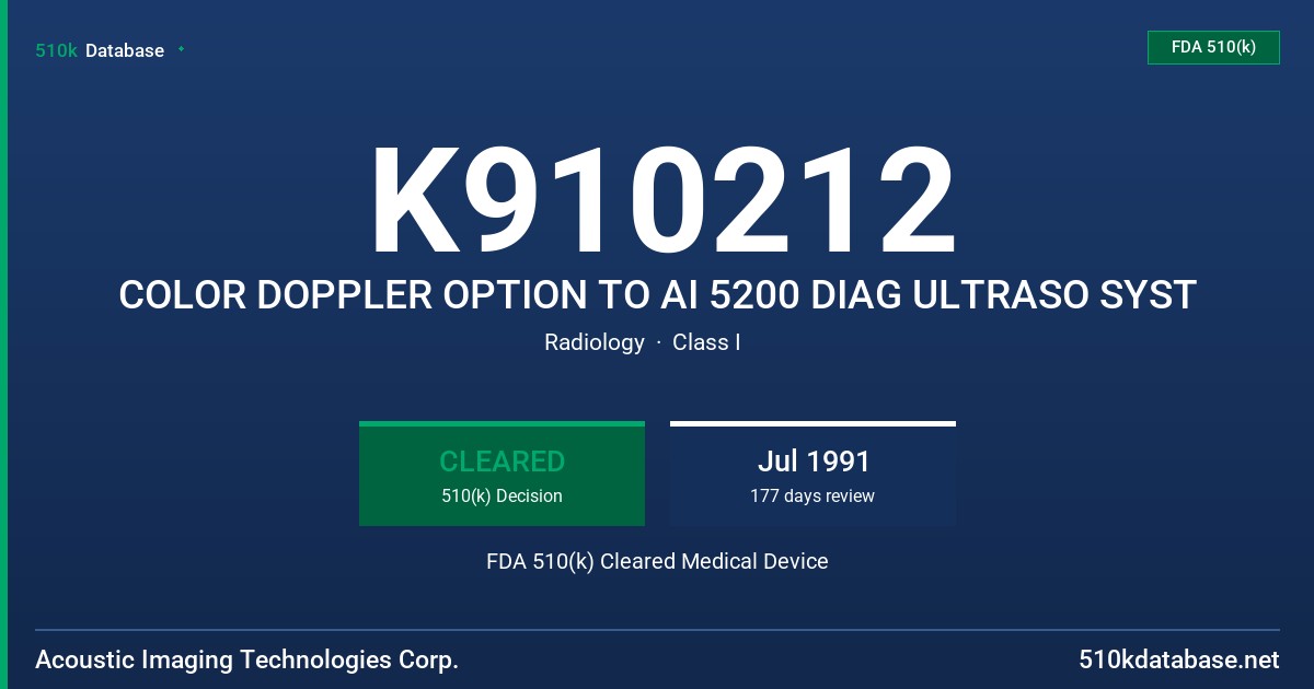 K910212 COLOR DOPPLER OPTION TO AI 5200 DIAG ULTRASO SYST FDA 510(k) Cleared Medical Device