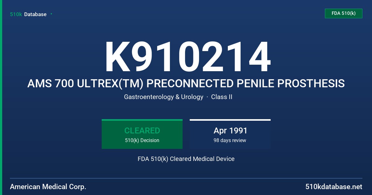 K910214 AMS 700 ULTREX(TM) PRECONNECTED PENILE PROSTHESIS FDA 510(k) Cleared Medical Device