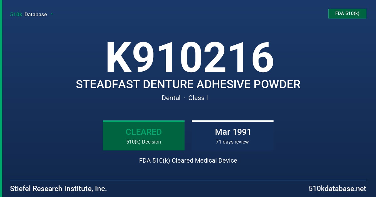 K910216 STEADFAST DENTURE ADHESIVE POWDER FDA 510(k) Cleared Medical Device