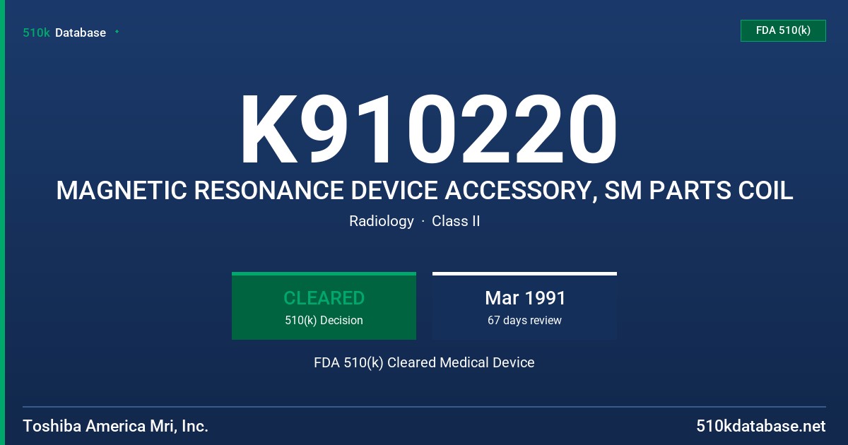 K910220 MAGNETIC RESONANCE DEVICE ACCESSORY, SM PARTS COIL FDA 510(k) Cleared Medical Device