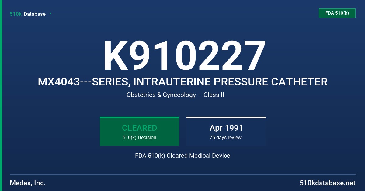 K910227 MX4043---SERIES, INTRAUTERINE PRESSURE CATHETER FDA 510(k) Cleared Medical Device