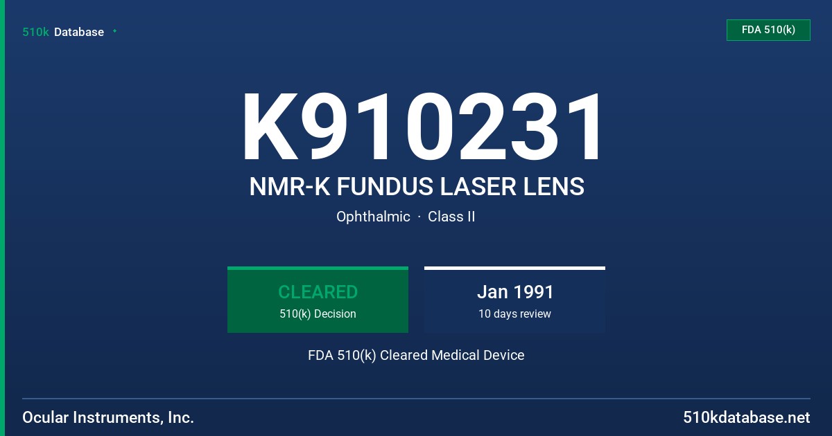 K910231 NMR-K FUNDUS LASER LENS FDA 510(k) Cleared Medical Device