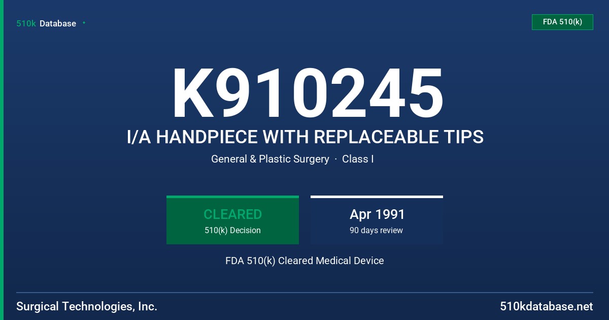 K910245 I/A HANDPIECE WITH REPLACEABLE TIPS FDA 510(k) Cleared Medical Device