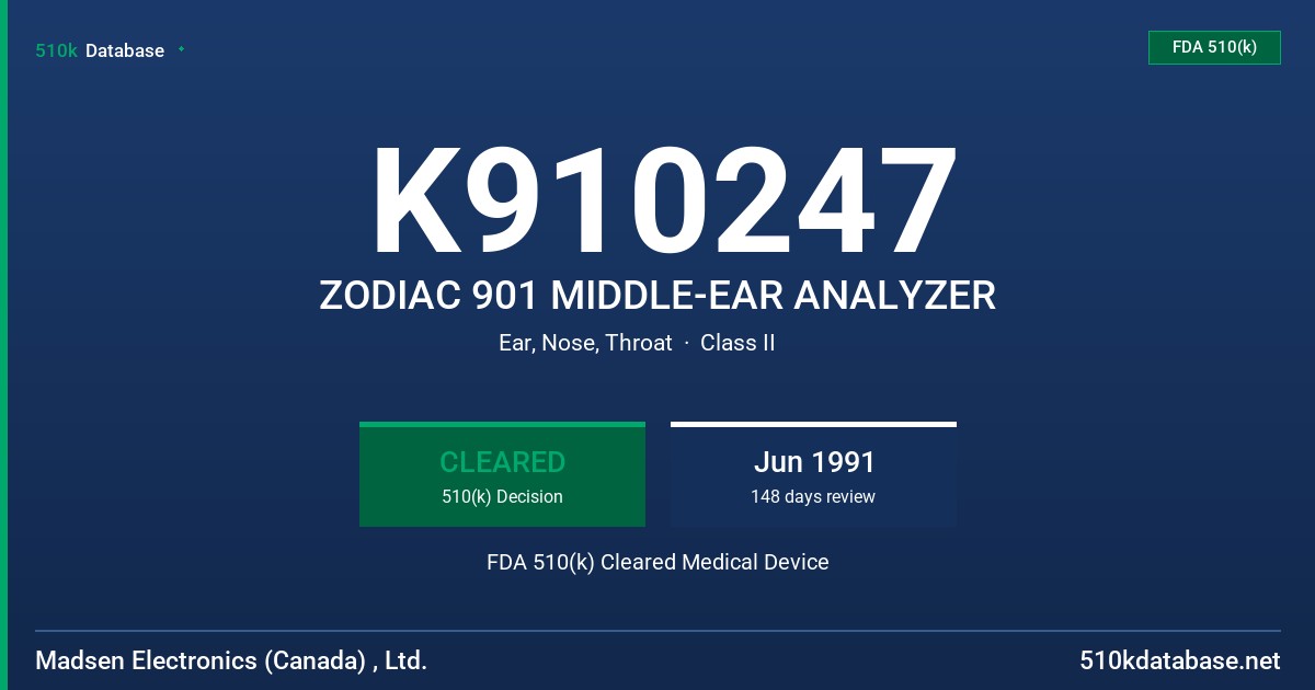 K910247 ZODIAC 901 MIDDLE-EAR ANALYZER FDA 510(k) Cleared Medical Device