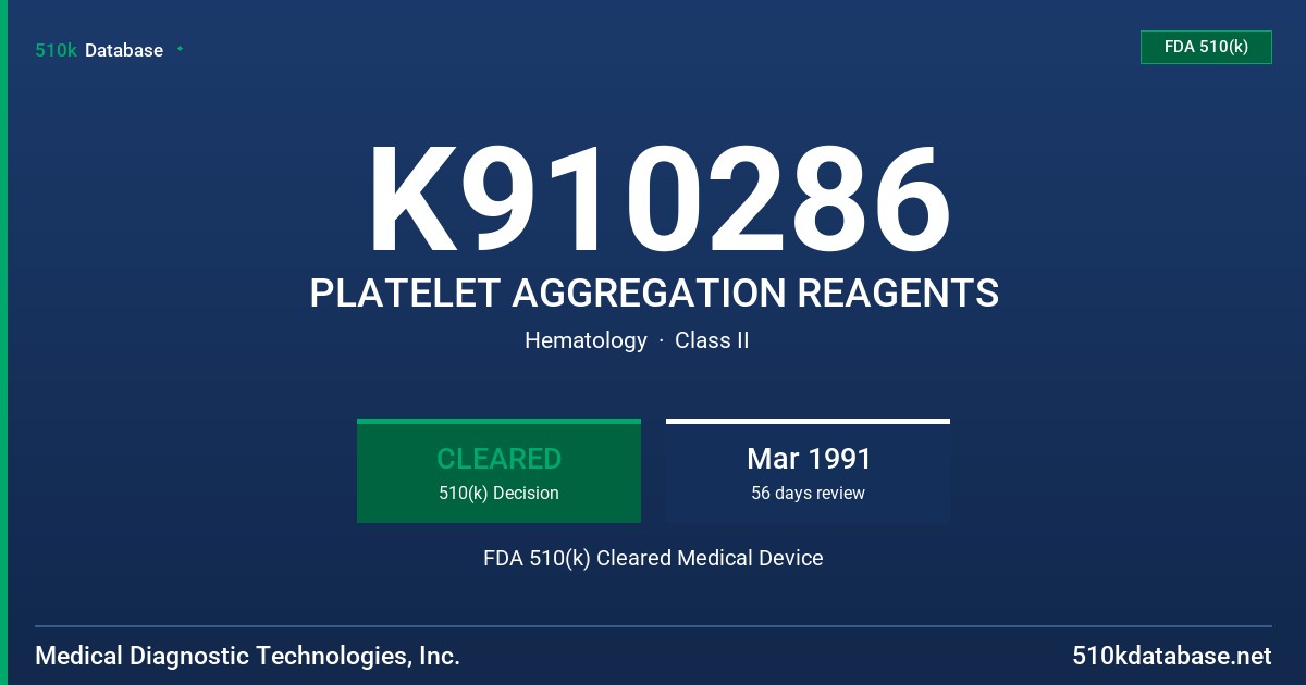K910286 PLATELET AGGREGATION REAGENTS FDA 510(k) Cleared Medical Device