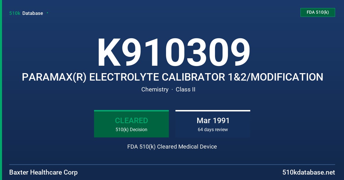 K910309 PARAMAX(R) ELECTROLYTE CALIBRATOR 1&2/MODIFICATION FDA 510(k) Cleared Medical Device