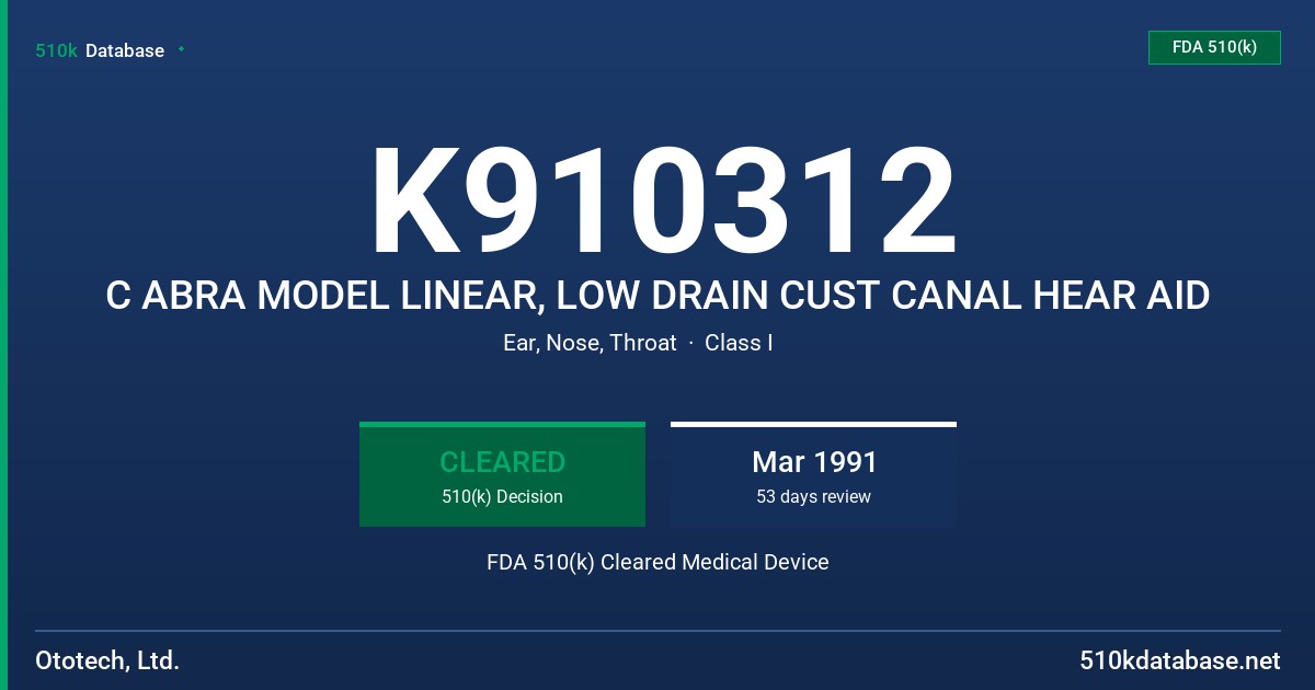 K910312 C ABRA MODEL LINEAR, LOW DRAIN CUST CANAL HEAR AID FDA 510(k) Cleared Medical Device
