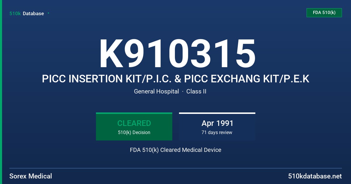 K910315 PICC INSERTION KIT/P.I.C. & PICC EXCHANG KIT/P.E.K FDA 510(k) Cleared Medical Device