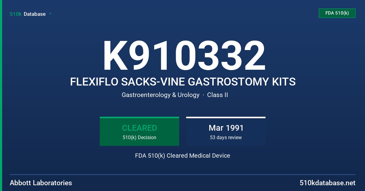 K910332 FLEXIFLO SACKS-VINE GASTROSTOMY KITS FDA 510(k) Cleared Medical Device