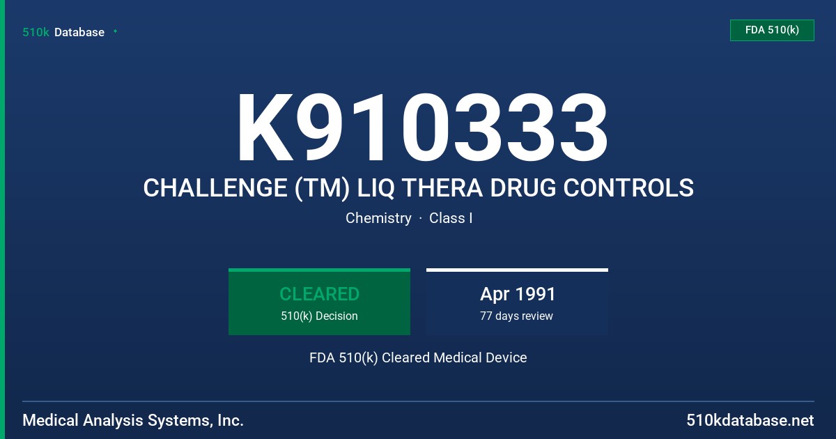 K910333 CHALLENGE (TM) LIQ THERA DRUG CONTROLS FDA 510(k) Cleared Medical Device