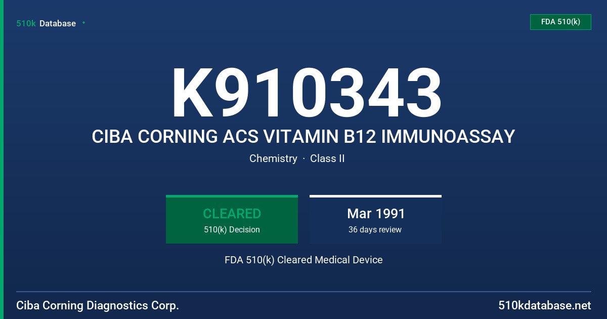 K910343 CIBA CORNING ACS VITAMIN B12 IMMUNOASSAY FDA 510(k) Cleared Medical Device