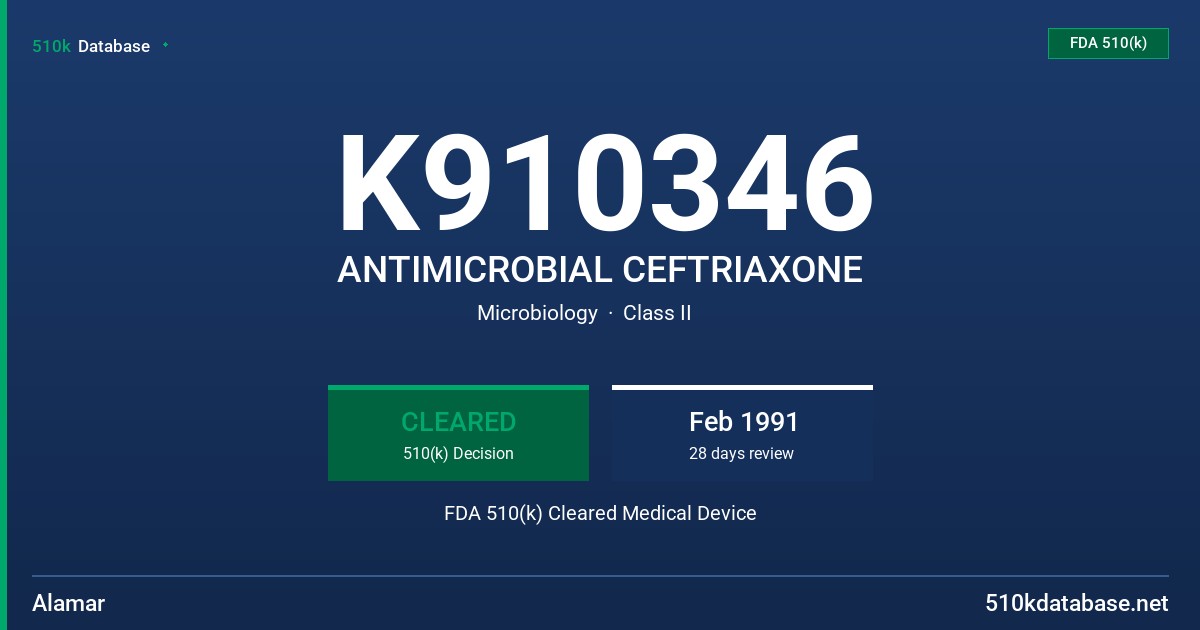 K910346 ANTIMICROBIAL CEFTRIAXONE FDA 510(k) Cleared Medical Device