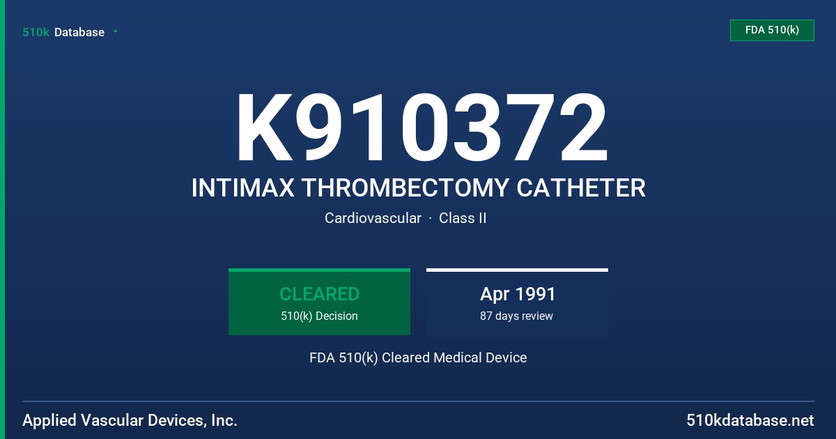 K910372 INTIMAX THROMBECTOMY CATHETER FDA 510(k) Cleared Medical Device