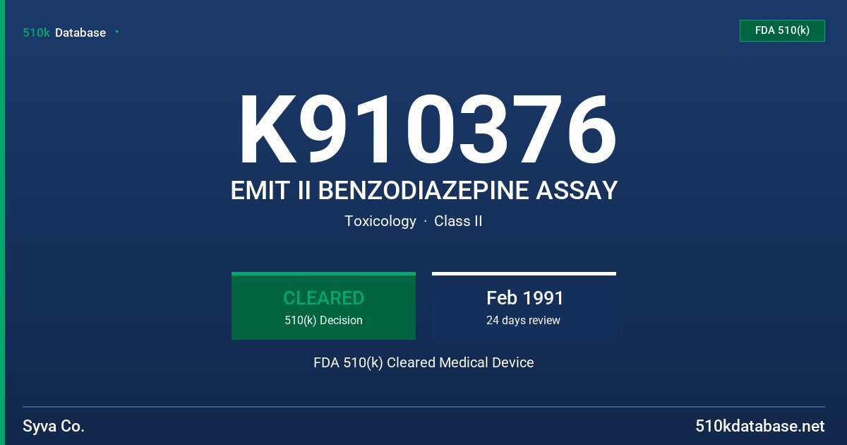 K910376 EMIT II BENZODIAZEPINE ASSAY FDA 510(k) Cleared Medical Device