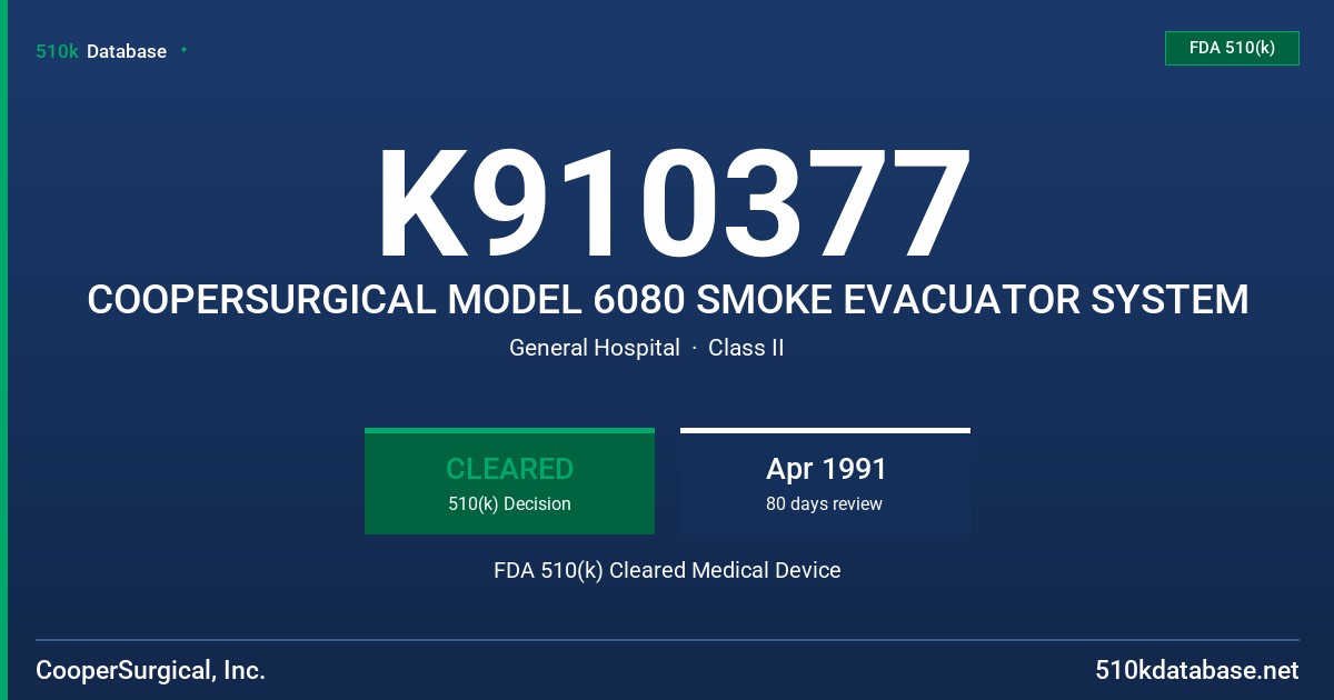 K910377 COOPERSURGICAL MODEL 6080 SMOKE EVACUATOR SYSTEM FDA 510(k) Cleared Medical Device