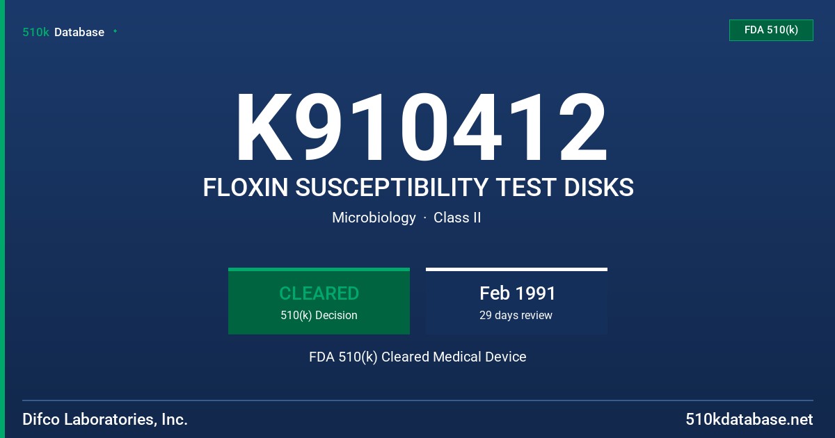 K910412 FLOXIN SUSCEPTIBILITY TEST DISKS FDA 510(k) Cleared Medical Device