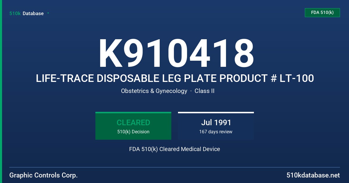 K910418 LIFE-TRACE DISPOSABLE LEG PLATE PRODUCT # LT-100 FDA 510(k) Cleared Medical Device