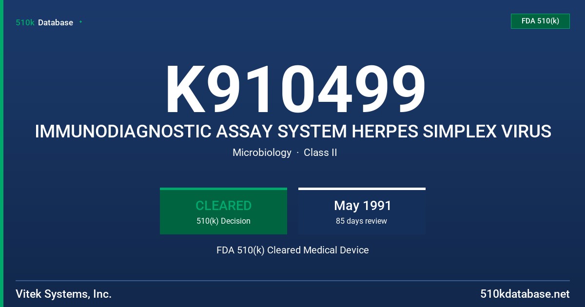 K910499 IMMUNODIAGNOSTIC ASSAY SYSTEM HERPES SIMPLEX VIRUS FDA 510(k) Cleared Medical Device