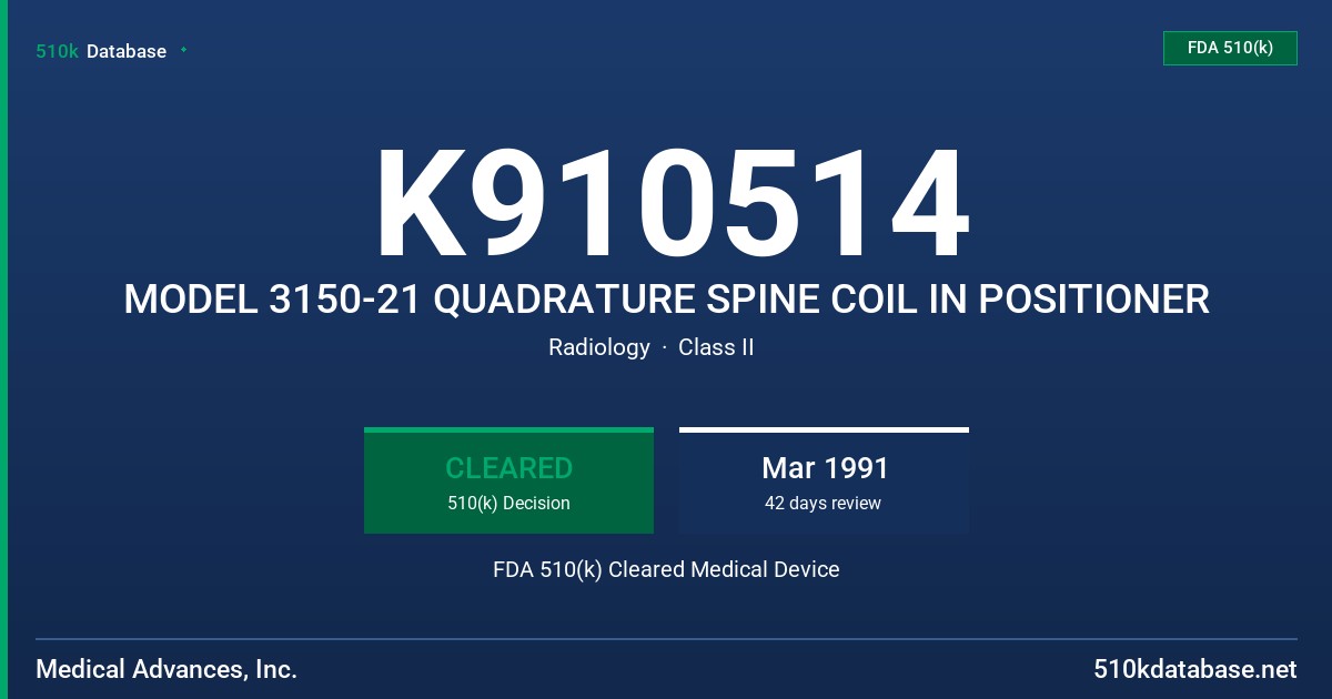 K910514 MODEL 3150-21 QUADRATURE SPINE COIL IN POSITIONER FDA 510(k) Cleared Medical Device