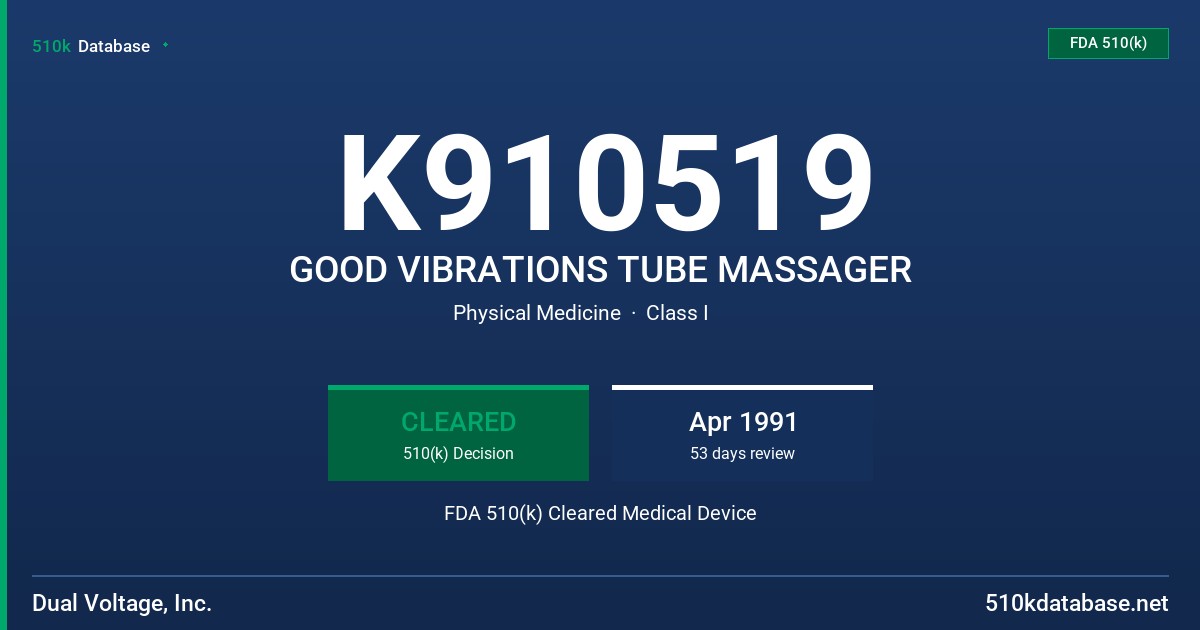 K910519 GOOD VIBRATIONS TUBE MASSAGER FDA 510(k) Cleared Medical Device