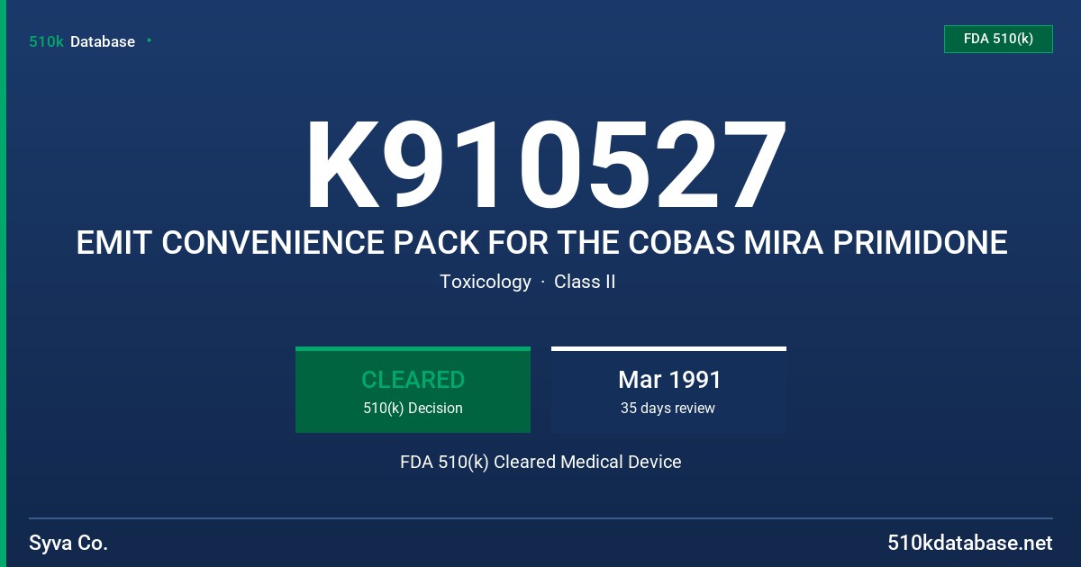 K910527 EMIT CONVENIENCE PACK FOR THE COBAS MIRA PRIMIDONE FDA 510(k) Cleared Medical Device