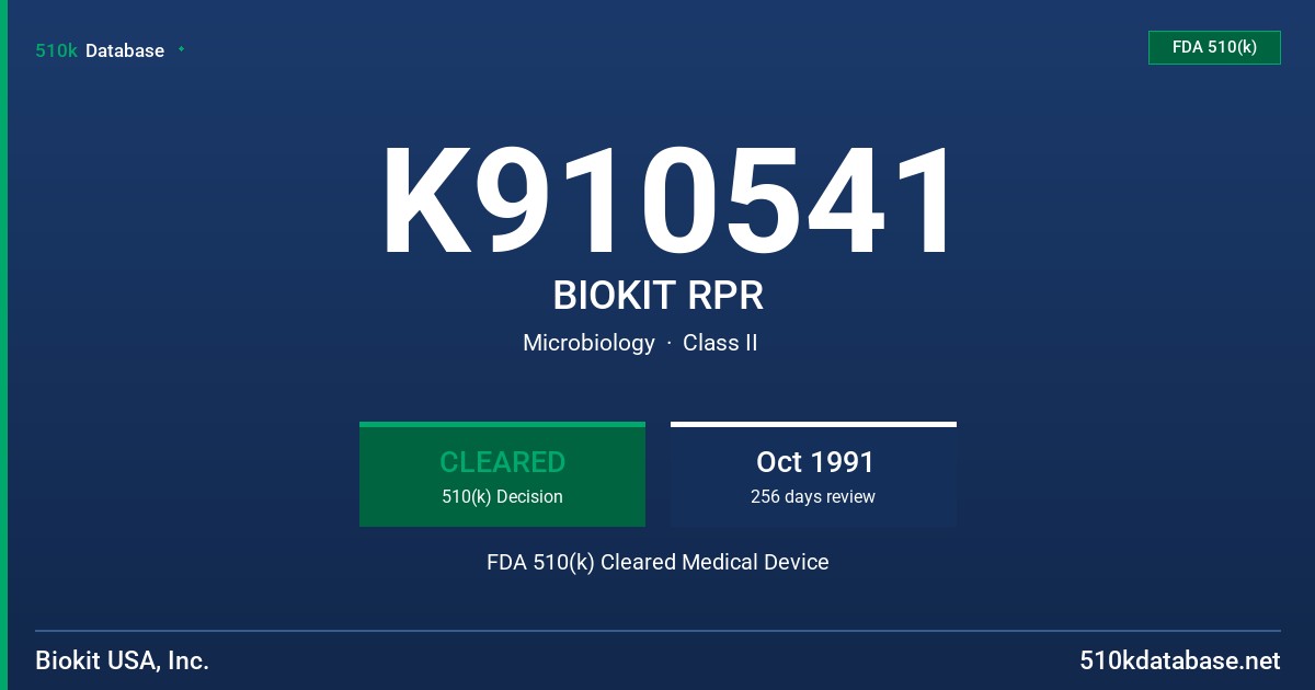 K910541 BIOKIT RPR FDA 510(k) Cleared Medical Device
