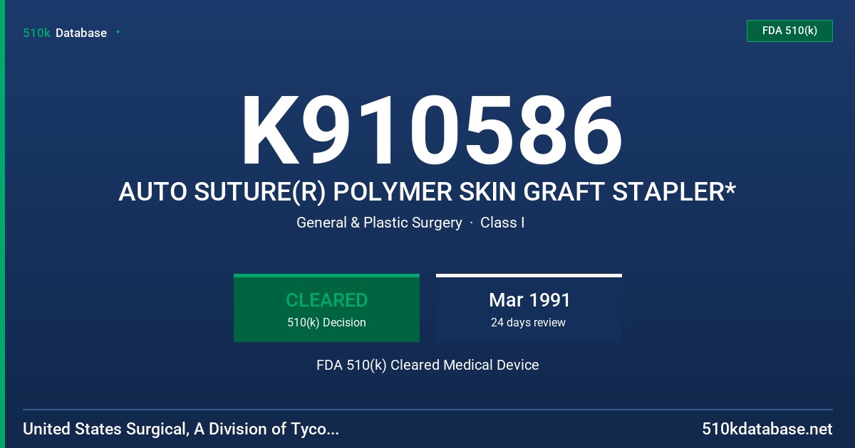 K910586 AUTO SUTURE(R) POLYMER SKIN GRAFT STAPLER* FDA 510(k) Cleared Medical Device
